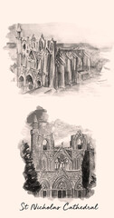 Vintage hand drawn st Nicolas cathedral. Watercolor illustration.