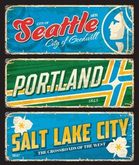 Seattle, Portland and Salt Lake City american cities plates and travel stickers. United States of America city vintage grungy tin signs, USA travel vector plate or banner with seals and flags symbols