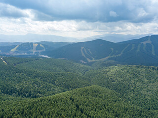 Obraz premium Green mountains of Ukrainian Carpathians in summer. Sunny day, rare clouds. Aerial drone view.