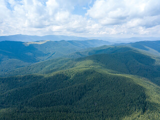Obraz premium Green mountains of Ukrainian Carpathians in summer. Sunny day, rare clouds. Aerial drone view.