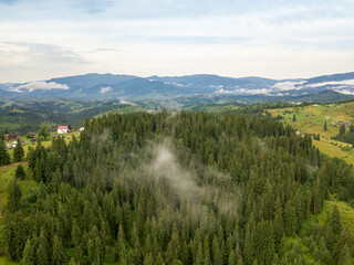 Ukrainian Carpathians mountains on a summer morning. Aerial drone view.
