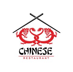 Chinese cuisine restaurant icon with dragons and sticks, vector symbol. China or Asian food bar or cafe and Chinese gourmet restaurant menu icon with red dragons and noodle chopsticks