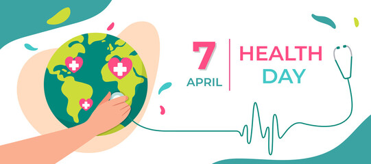 Vector World health Day Concept. Earth with doctor hand with stethoscope and heart. Isolated on white background. Global health awareness design banner. 7th April. 