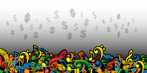Music Makes Money - Concept Design with Pile of Multicolored 3D Fallen Musical Notes and Dollar Signs - Illustration in Editable Vector Format