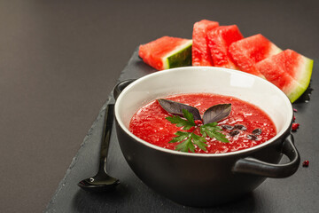 Watermelon gazpacho, traditional Spanish summer cold soup