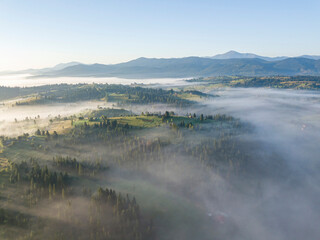 Morning fog in the Ukrainian Carpathians. Aerial drone view.