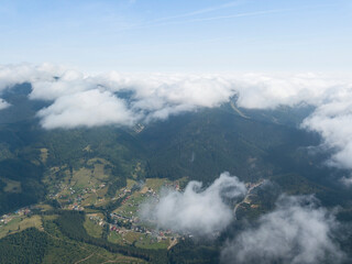 High flight in the mountains of the Ukrainian Carpathians. Aerial drone view.