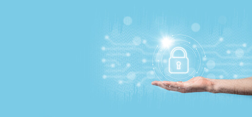 Cyber security network. Padlock icon and internet technology networking. Businessman protecting data personal information on tablet and virtual interface. Data protection privacy concept. GDPR. EU