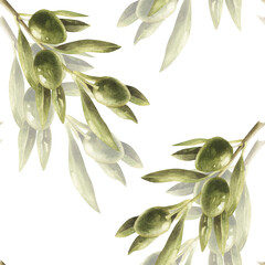 Watercolor seamless pattern with olive branch isolated on white background.