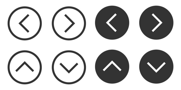 Arrows set icon. Direction left, right, up and down pointer in a circle symbol. Sign app button vector.