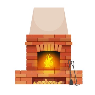 Brickstone fireplace with wood chunks and fire pit tools. Home classic fireplace, dwelling isolated vector open hearth, house heating equipment with flaming fire, poker stick and shovel