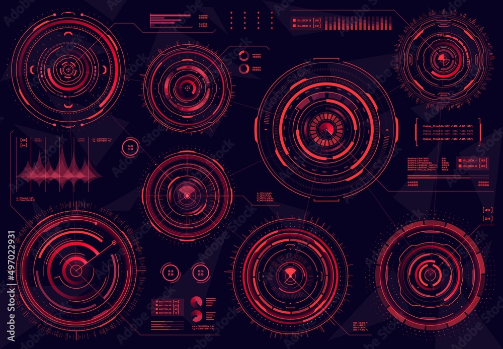 Leinwandbilder HUD futuristic red circular web interface panels, Sci Fi and business infographic visual data, vector. HUD technology graphs, UI screen elements or digital chart diagrams and virtual display dashboard