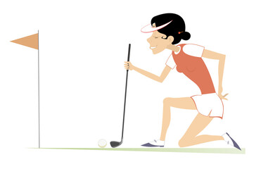 Fototapeta premium Young woman a golfer on the golf course. Cartoon golfer woman staying on the kneel aiming to do a good kick isolated on white background 