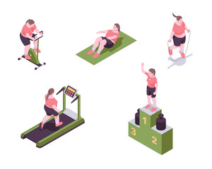 Set of exercises for weight loss.  Overweight woman trying to lose weight in isometric view.