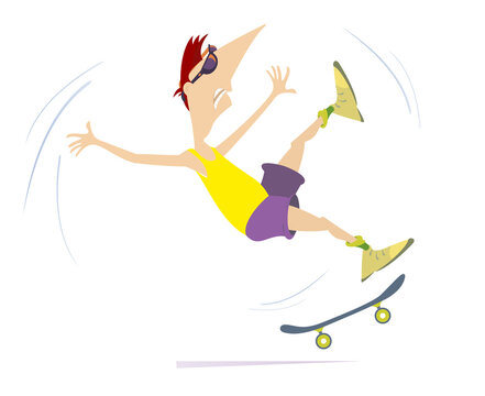 Young man a skateboarder isolated on white background. 
Cartoon young man in sunglasses falling down from the skateboarder. Active life style idea
