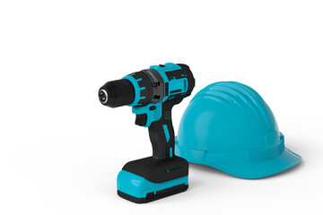 Set of cordless drill or screwdrivers with hard head helmet on white background