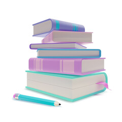 3d Stack Books and Pencil Cartoon Style Knowledge and School Education Concept Isolated on a White Background. Vector illustration