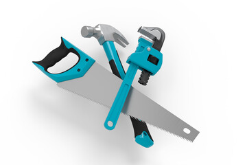 Flying view of green construction tools for repair on white