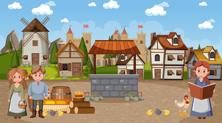 Naklejka premium Medieval town scene with villagers