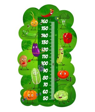Cartoon vegetable kids height chart, growth meter ruler. Vector scale with cute onion, cabbage, pepper and tomato, potato and eggplant, pumpkin and zucchini characters on fitness sport exercising