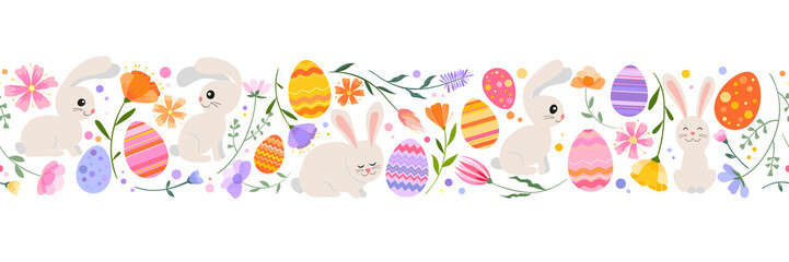 Easter spring seamless border. Bright colorful Easter eggs, spring flowers and herbs and cute Easter bunnies.