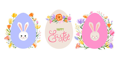 Easter spring greeting card. Easter eggs on the background of spring grasses and flowers with the faces of cute Easter bunnies. Inscription Happy Easter.