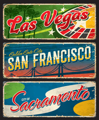 Las Vegas, San Francisco and Sacramento american cities plates and travel stickers. USA journey vintage plates, United States of America city vector tin sign with casino roulette, Golden Gate Bridge - obrazy, fototapety, plakaty