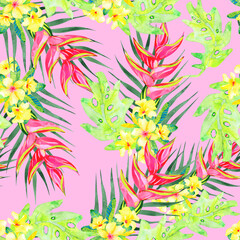 Fototapeta na wymiar Colorful tropical seamless pattern with exotic flowers on pink background