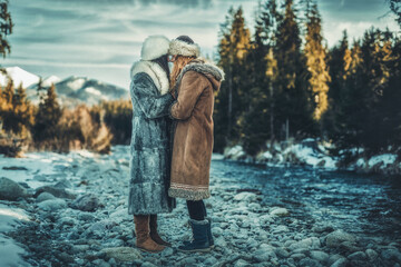 two shaman woman in nature, winter landscape.