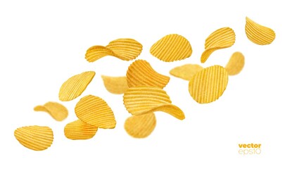 Falling crispy ripple potato chips. Vector 3d crunchy snack pieces fall motion. Delicious food advertisement, vegetable crisp salty meal promotion, realistic elements on white background