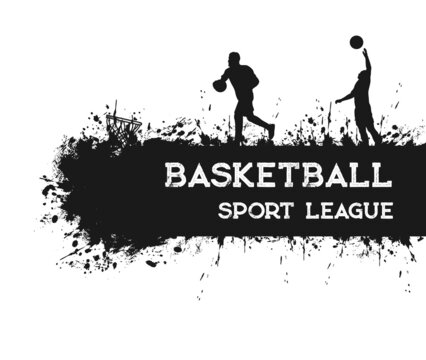 Basketball sport grunge poster with players, balls, basket and hoop vector silhouettes. Basketball game team players and sport equipment on court with black pattern of brush strokes, paint splashes