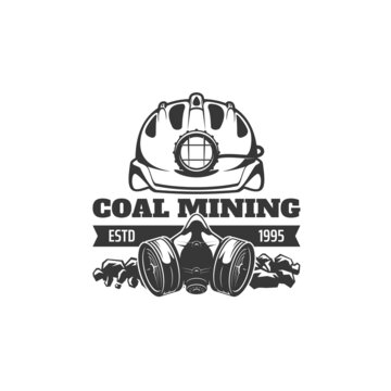 Mining Industry Icon. Fossil Fuel Production, Coal Mining Vector Monochrome Emblem Or Symbol With Miner Hard Hat Helmet With Headlamp, Gas Mask Or Respirator, Coal Chunks