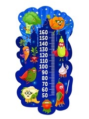 Kids height chart, cartoon vegetable superheroes growth vector meter. Children growth measure ruler on background of night city with brave tomato, pepper, broccoli and radish, capes and masks