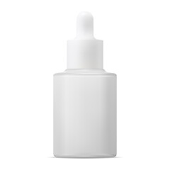 Serum dropper bottle. White glass cosmetic essence flask mockup. Aroma oil eyedropper vial, face and eye care treatment. Eyedropper collagen liquid product package template