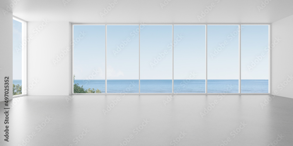 Poster 3d render of empty room with large window and concrete floor on the sea background.