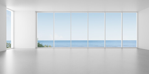 3d render of empty room with large window and concrete floor on the sea background.
