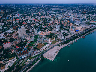 Dnipro, Ukraine. View of the central part of the city, the embankment of the Dnieper River. Top view from a great height. Panoramic view of the city.