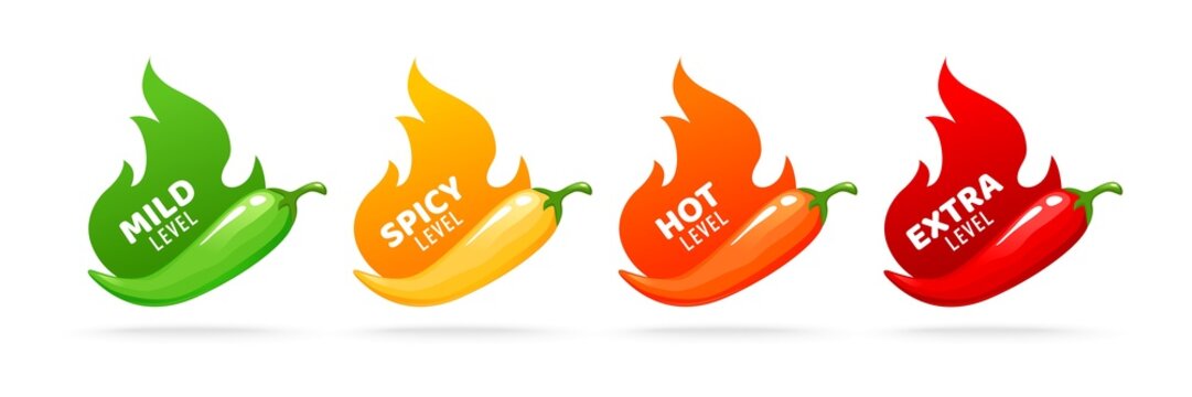 Hot spicy level vector labels of spice food and sauce taste scale. Red chili pepper, cayenne, jalapeno, habanero with fire flames and mild green, spicy yellow, hot orange, extra red rating indicators