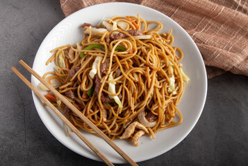 Noodles three delights. Typical dish of Chinese food