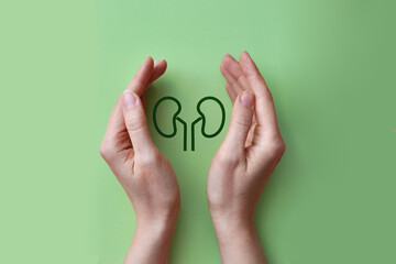 The silhouette of the kidneys in the hands of a man. A symbol of protection and prevention of...