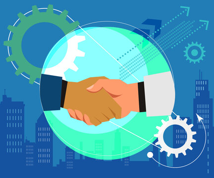 Companies Merging Deal, Merger And Acquisition, Business Partnership Handshake Deal, Vector Illustration.