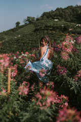 Thai woman is walking in flower field