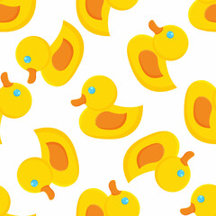 Cute seamless pattern with yellow rubber duck on background. Duck toy baby illustration.