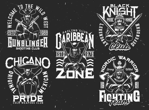 Tshirt prints with men warriors holding crossed armor, vector mascots for apparel design. Isolated labels with viking, ranger, pirate, knight and typography. Monochrome t shirt prints or emblem set
