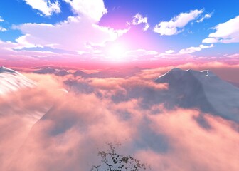 Sunrise above the clouds, flying among the clouds, cloud landscape panorama at sunset, 3d rendering