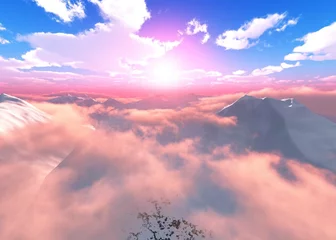 Vlies Fototapete Koralle Sonnenaufgang über den Wolken, Fliegen zwischen den Wolken, Wolkenlandschaftspanorama bei Sonnenuntergang, 3D-Darstellung
