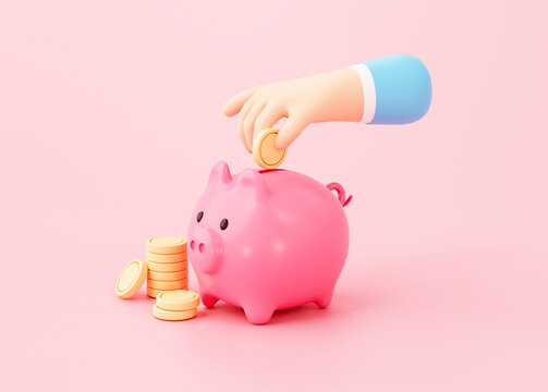 Hand putting coin to pink piggy money savings concept on pink background 3d rendering
