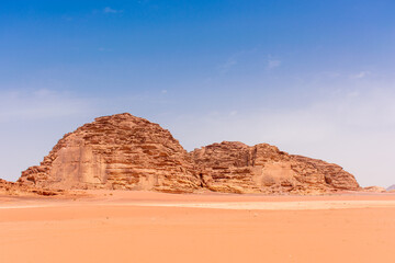 Sands and mountains of Wadi Rum desert in Jordan, beautiful daytime landscape