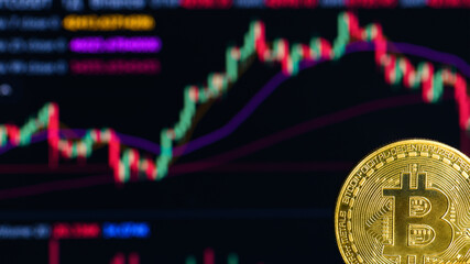 Golden bitcoin on the background of charts, close up. Crypto currency. Bitcoin mining concept
