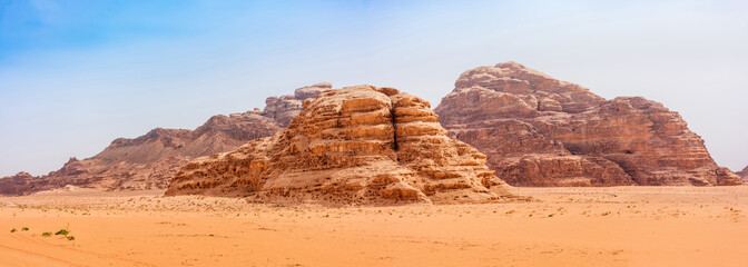 Sands and mountains of Wadi Rum desert in Jordan, beautiful daytime landscape